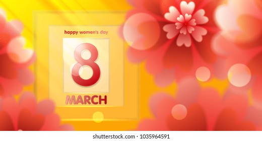 March 8. Pink, Yellow, defocused bokeh paper cut Floral congratulatory banner. Origami flower holiday background. A square frame, a place for text. Happy woman's day. Fashionable design template.