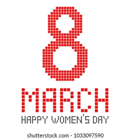 March 8. Pixel inscription on March 8. International Women's Day. Background. Card. Vector flat graphic illustration. Isolated object on a white background. Isolate.