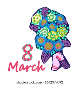 March 8 postcard. International women`s day greeting card. Woman's hand holding a large beautiful bouquet of colorful blooming flowers. Vector illustration on white background.