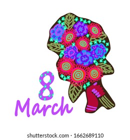 March 8 postcard. International women`s day greeting card. Woman's hand holding a large beautiful bouquet of colorful blooming flowers. Vector illustration on white background.