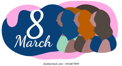 March 8 postcard for International Women's Day. women of different nationalities. beautifully flowing hair. Flat style