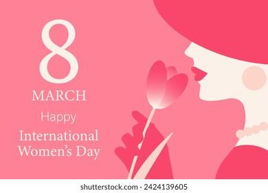 	
March 8. Postcard for International Women's Day. Elegant lady holding a tulip	
