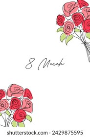 8. März, Postkartenlinienkunst, Rosenstrauß Einzellinienzeichnung. Vektor-Illustration