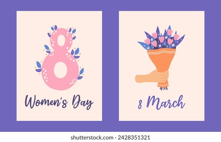 March 8 Postcard Set. World Women's Day. Hand drawn flat cartoon elements. Vector illustration