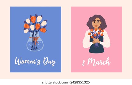 March 8 Postcard Set. World Women's Day. Hand drawn flat cartoon elements. Vector illustration