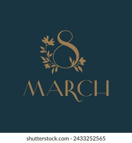 March 8 postcard template in minimalism, gold on an emerald background