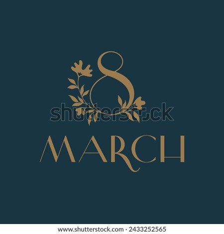 March 8 postcard template in minimalism, gold on an emerald background