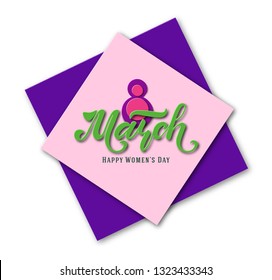 March 8. Postcard. Women's Day. Paper cut holiday background. Lettering. Trendy design template. Happy mother's day. Vector illustration