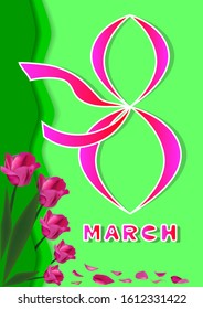 March 8. Poster for International Women's Day. Vector greeting card for Women's Day with a decor of tulips and leaves. Number 8 pink in vintage style on a green background. Applicable to web banner, f