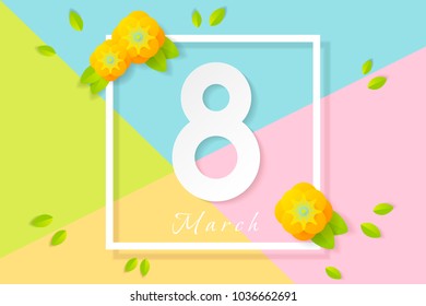 March 8 poster with yellow paper cut flowers on creative background. Can be used for promotions, posters, brochures, tickets, flyers, template, mockup. Spring sale for Women's Day or 8th of March.