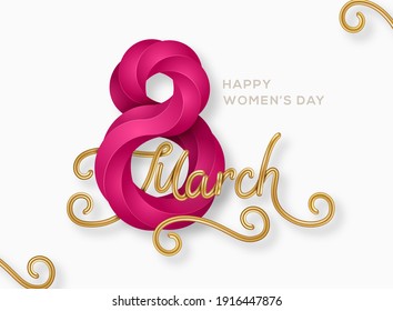 March 8 purple symbol 3d art style with glittering gold calligraphy. International Women's day poster. Vector illustration for greeting card, flyer, voucher or brochure template. Place for text.