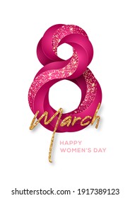 March 8 purple symbol 3d art style with glittering texture gold pattern. International Women's day poster. Vector illustration for greeting card, flyer, voucher or brochure template. Place for text.