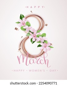 March 8 with realistic pink flowers and heart. Happy women's day greeting card. International Women's Day poster