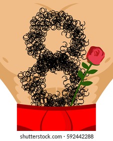 March 8. Red rose and Male hairy torso. Epilation number eight. Men's gift for International Women's Day.