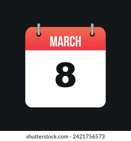 March 8, Red and White Color Calendar Page with Black Outline