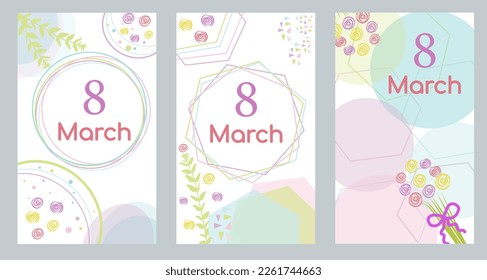 March 8, a set of bright creative cards with flowers and decorative elements. Handmade. International Women's Day.