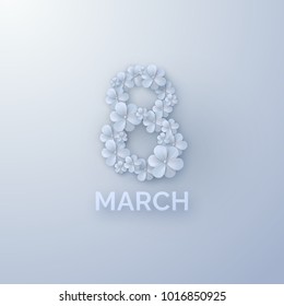 March 8 sign with 3d paper flowers. International Womens Day. Vector paper cut illustration. Holiday banner. Realistic festive decoration element for design