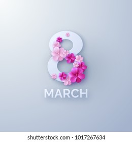 March 8 sign with 3d paper blossoming flowers. International Womens Day. Vector colorful paper cut illustration. Holiday banner. Realistic festive decoration element for design. Feminism concept