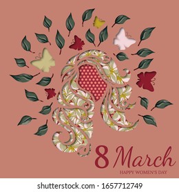 8 de marzo, en un marco cuadrado. Tarjetas de vacaciones 3D. día de la mujer. Flores y pelo en el fondo. Mariposa en hojas