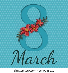 March 8, in a square frame. Festive 3d postcard. Woman's Day.