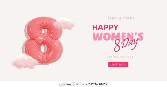 March 8 symbol 3d balloon with realistic cloud. International Women's day background for sale promotion. Figure eight for greeting card, flyer or brochure. Vector illustration