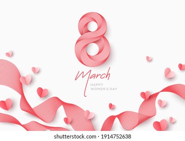 March 8 symbol in 3d retro line art style with flying paper hearts. International Women's day pink background. Vector illustration for poster, flyer, voucher or brochure template. Place for text.