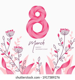 March 8 symbol in 3d retro line art style with hand drawn spring doodle flowers. International Women's day banner. Vector illustration for invitation, poster, flyer, voucher or brochure template.