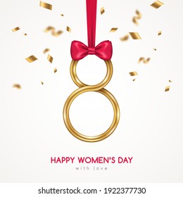 March 8 symbol, glittering golden 3d eight with red ribbon, falling confetti and bow. International Women's day poster. Vector illustration for greeting card, flyer, voucher or brochure template