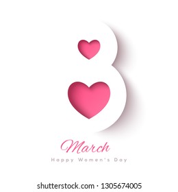 March 8 symbol in paper cut style with shadows and cutout pink hearts. International Women's day white background. Vector illustration. Place for your text