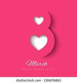 March 8 symbol in paper cut style with shadows and cutout hearts. International Women's day pink background. Vector illustration. Place for your text