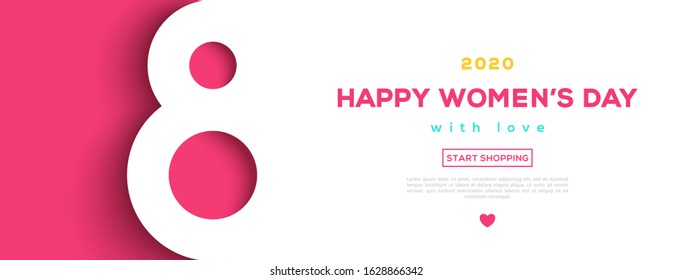 March 8 symbol in paper cut style with shadow. International Women's day background. Vector illustration. Place for text. Figure eight for greeting card, flyer or brochure template.