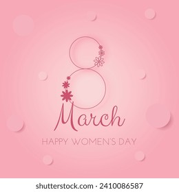March 8 symbol in paper cut style. International Women's day pink background. Vector illustration for poster, flyer, social media, card. Place for text.