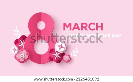 March 8 symbol in paper cut style with spring flowers. International Women's day pink background. Vector illustration. Place for text. Figure eight for greeting card, flyer or brochure template