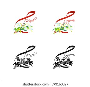 March 8 symbol. Vector greeting card template of international women's day in black and white and color versions with snowdrops and ribbon, text in english and russian languages