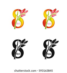 March 8 symbol. Vector greeting card template of international women's day in black and white and color versions with bouquet of tulips and figure 8, text in english and russian languages