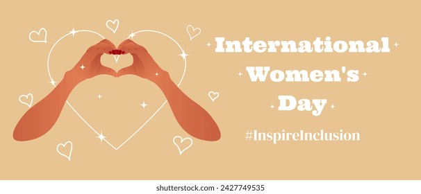 March 8 template in y2k aesthetics for International Women's Day. Background with the slogan InspireInclusion, where two hands make a heart shape. IWD 2024 campaign. Vector illustration.
