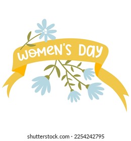 March 8 text design with ribbon and flowers. Women's Day. Calligraphy-style inscriptions in English. Template for posters, postcards, banners. International Women's Day. For greeting cards by March 8