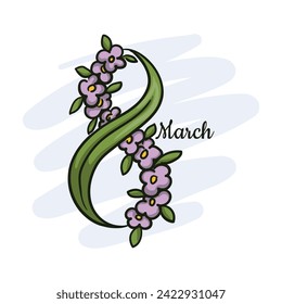 March 8 text made from leaves and flowers. Postcard for International Women's Day.