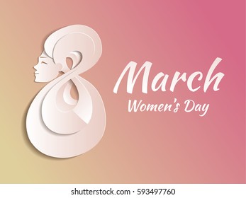 March 8 th Holiday paper greeting card. Stylized as paper and designed in pastel gentle tones.