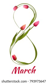 March 8. Tulips. Floral background. Congratulation. International Women's Day.