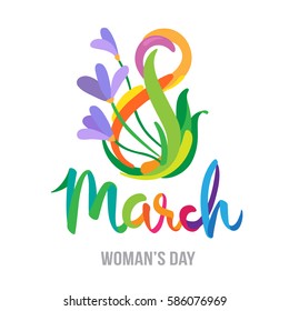 March 8, typography. international women's day. bright lines drawn with a brush on white background.