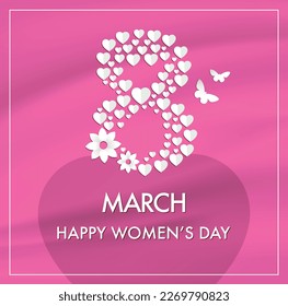 March 8 vector background design. Women's day greeting text with march 8 in pink ribbon and camellia flower elements for international women's celebration. Vector illustration.