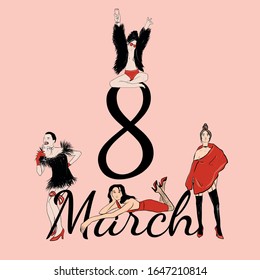 March 8 vector banner, International Women's Day composition, Fashion woman, Hand drawn celebration design for cards, poster, congratulatory background
