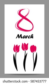 March 8 vector greeting card with tulips, women's day.