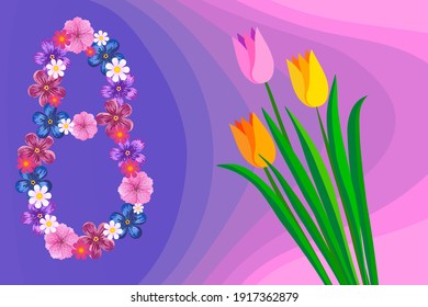 Ilustración vectorial del 8 de marzo ramo de tres tulipanes y el número ocho compuesto de flores