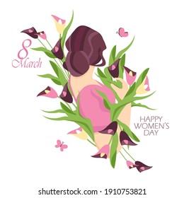 March 8. vector illustration of a woman with flowers. international women's day