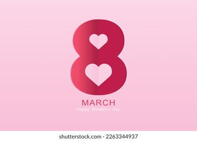March 8. Vector Women's Day greeting card with number 8 in paper cut style. and heart on pink background for web banner, flyer, cards and invitations.