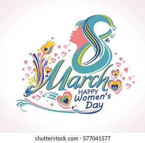 March 8. Vintage chic card with flower and hearts. Stylish vector illustration.
