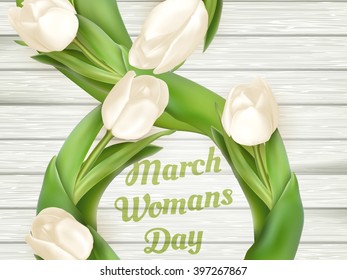 March 8 and white tulips. Top view. EPS 10 vector file included