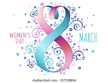 March 8, Woman's day. Vector greeting card with hearts and a ribbon